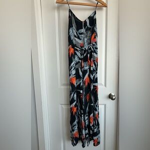 Navy floral long jumpsuit / romper with tie waist and adjustable straps